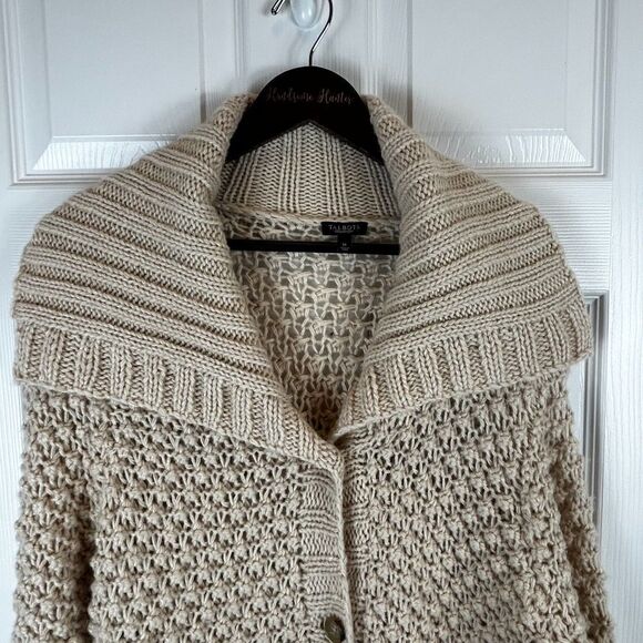 Talbots Women Sz M Ivory Cardigan Chunky Wool Alpaca Blend Sweater Wide Collar U - Picture 5 of 12